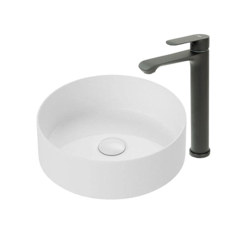 [KIT-LAVBLNGRIFBLCK] Lavamanos Sobreponer Circular Blanco con Grif Externa black